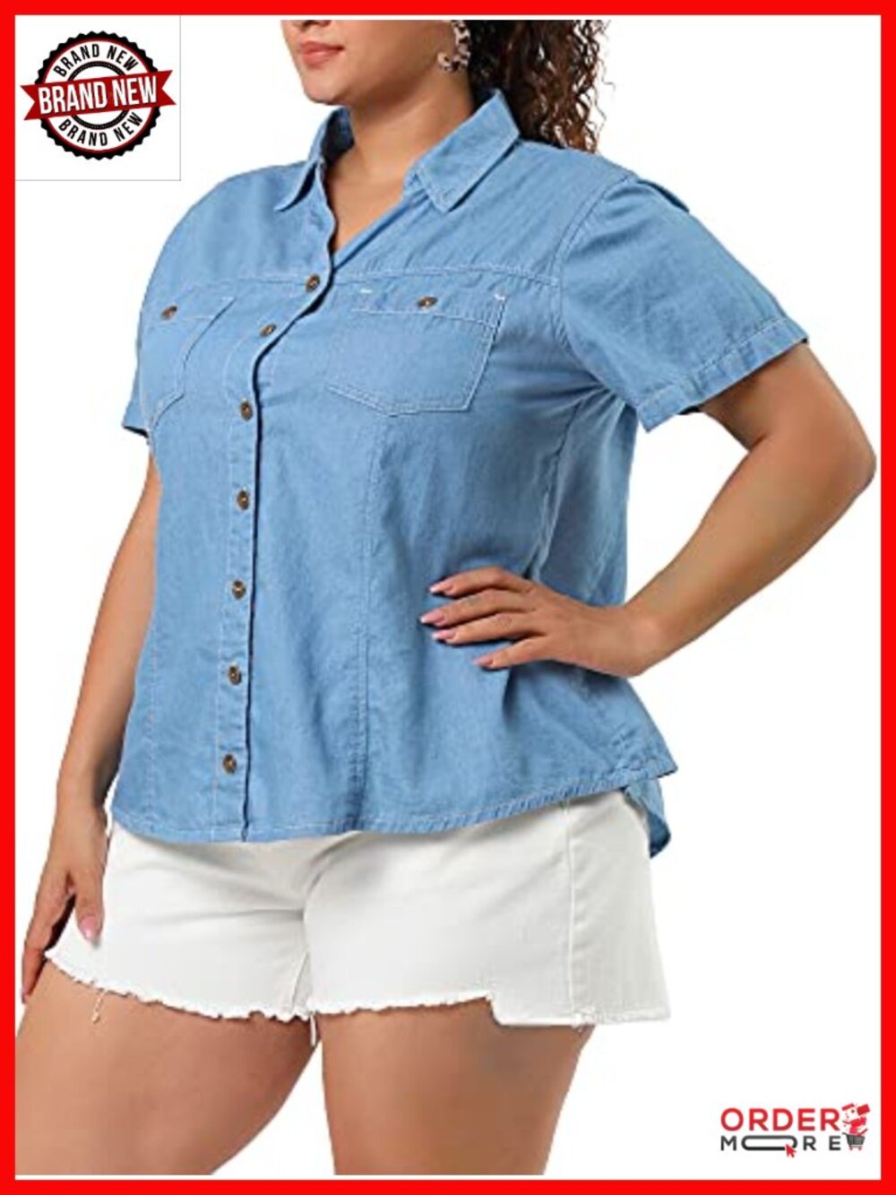 Plus Size Short Sleeve Button Down Shirt with Pockets Cotton Blouse